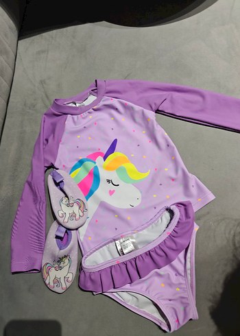 Mor Uzun Kollu Unicorn Baskılı Kız bebek Mayo Takımı