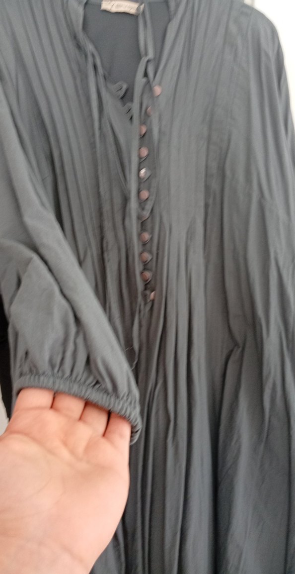 Düğmeli Gri gömlek kumaş Uzun elbise - Görsel 2