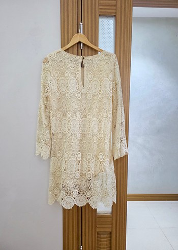 Dantel Detaylı Bohem Beyaz Triko Elbise - Görsel 4