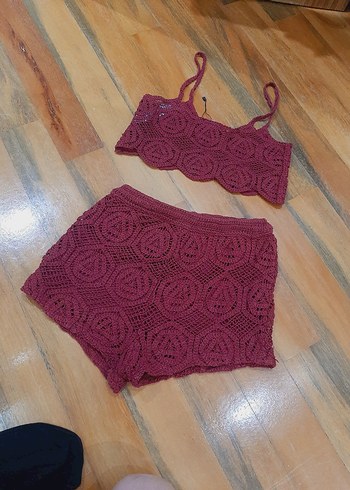 s Beden Bordo Örgü Bohem Şort crop