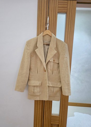 m Beden Bej Kadın Yün Düğmeli Midi Blazer