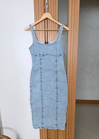 s Beden mavi Renk Denim Uzun Kollarsız Günlük Elbise