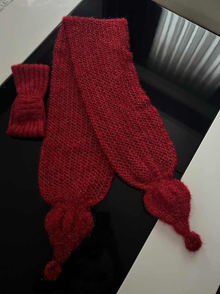 Koyu Kırmızı Örme Kadın atkı ve bandana - Görsel 2