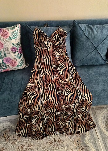 Bohem Zebra Desenli Uzun boyundan askılı Elbise