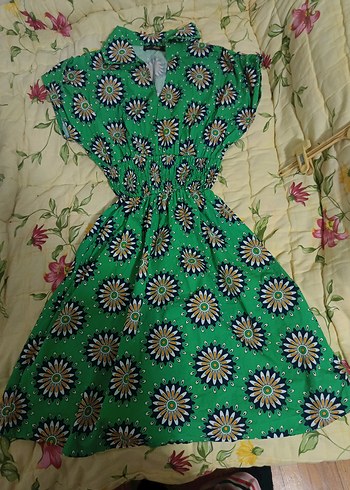 Renkli V Yaka Kısa Kollu Bohem Elbise - Görsel 6