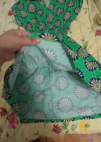 Renkli V Yaka Kısa Kollu Bohem Elbise - Görsel 3