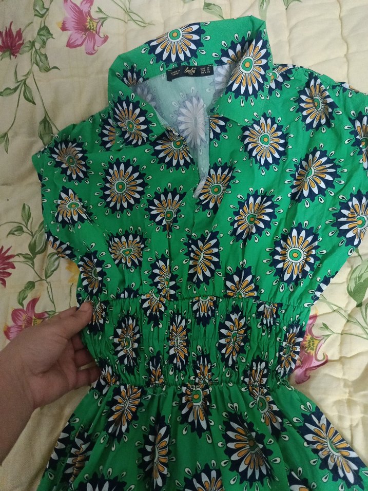 Renkli V Yaka Kısa Kollu Bohem Elbise - Görsel 4