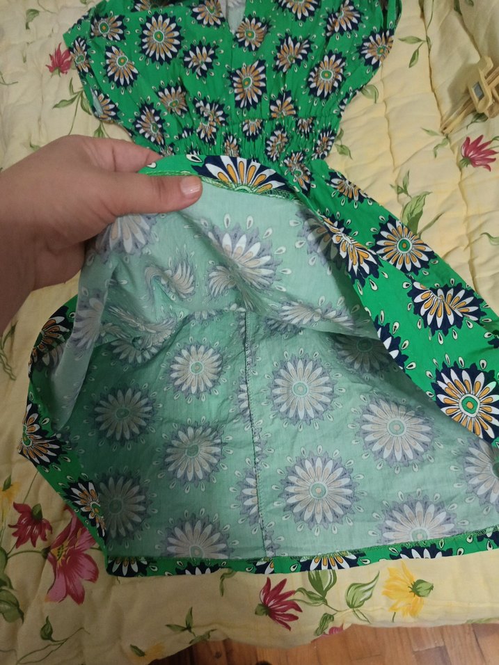 Renkli V Yaka Kısa Kollu Bohem Elbise - Görsel 3