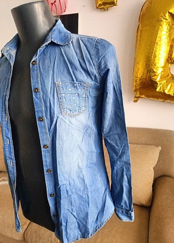 Düğmeli Mavi Denim kız çocuk Gömlek - Görsel 5