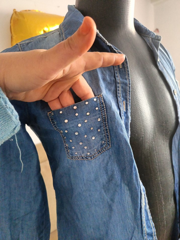 Düğmeli Mavi Denim kız çocuk Gömlek - Görsel 4