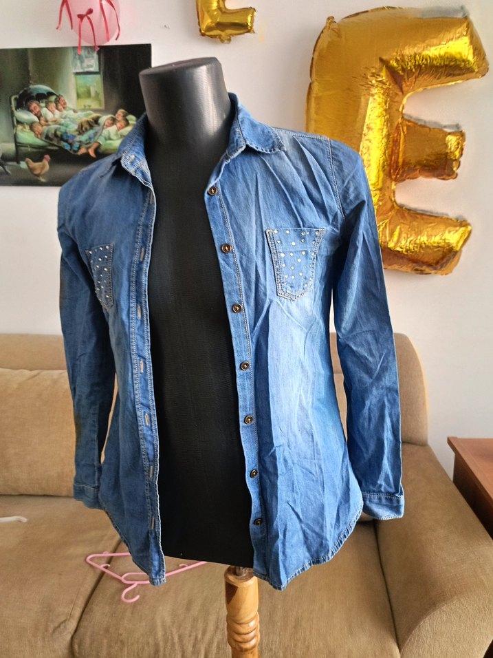 Düğmeli Mavi Denim kız çocuk Gömlek - Görsel 2