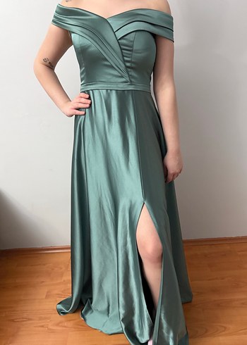 Kayık Yaka Drapeli Uzun Abiye Elbise - Görsel 2