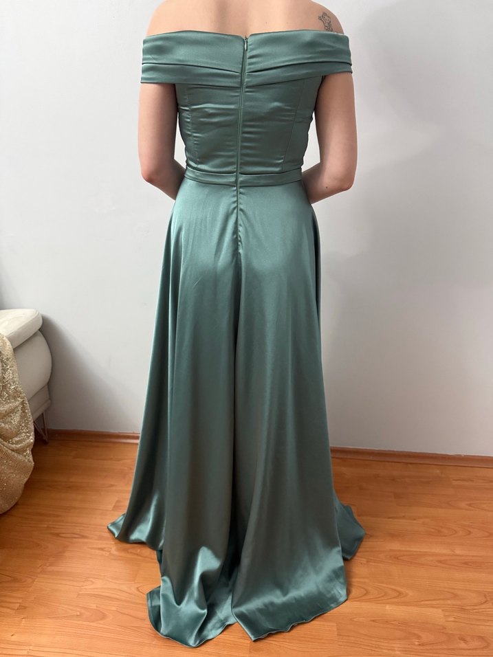 Kayık Yaka Drapeli Uzun Abiye Elbise - Görsel 4