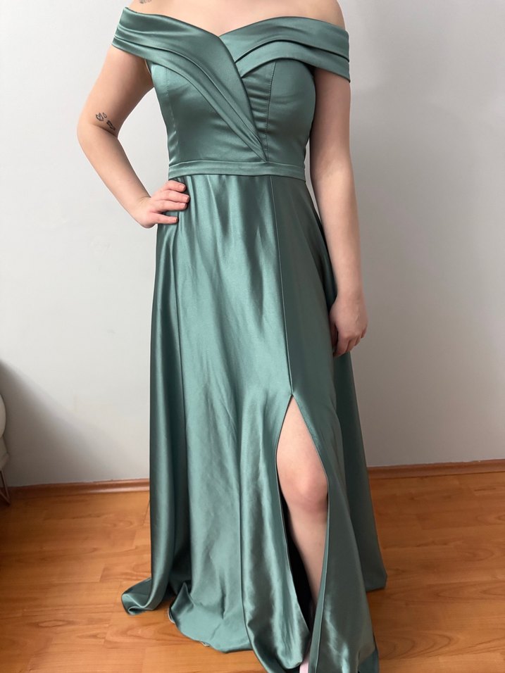 Kayık Yaka Drapeli Uzun Abiye Elbise - Görsel 2