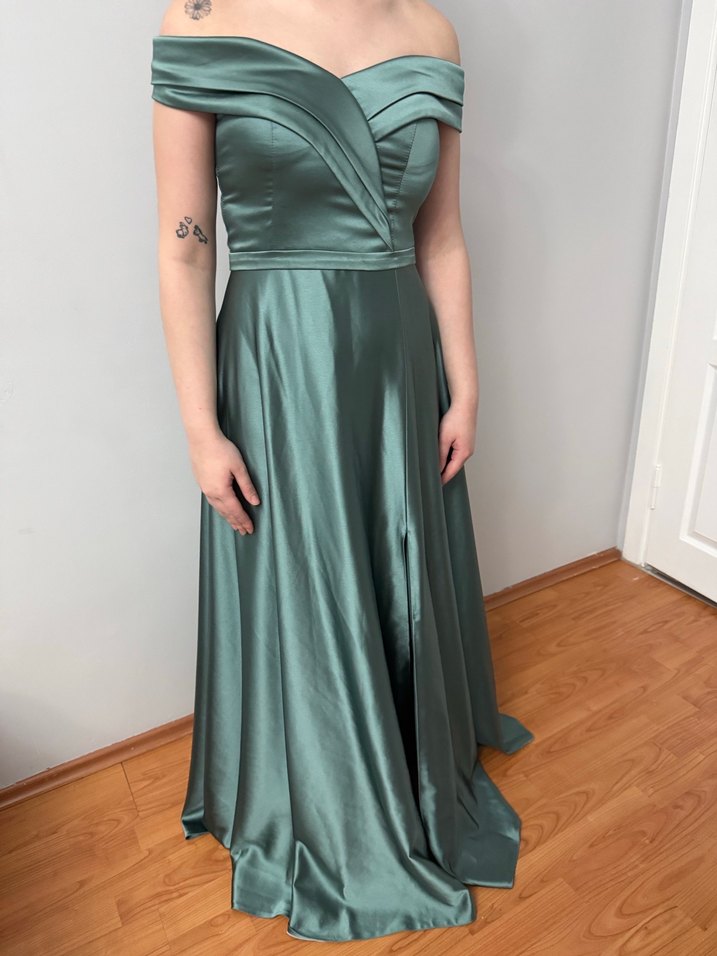 Kayık Yaka Drapeli Uzun Abiye Elbise - Görsel 3