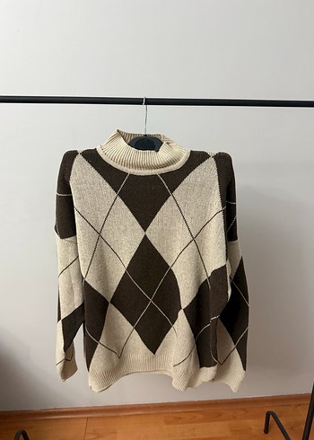 Kahverengi Ekose Desenli Boğazlı Triko Kazak - Görsel 2