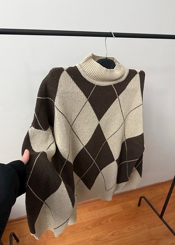 Kahverengi Ekose Desenli Boğazlı Triko Kazak - Görsel 3