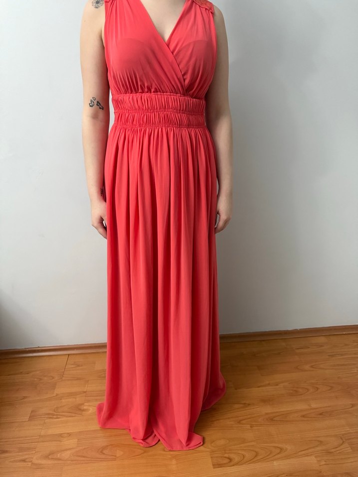 Kırmızı V Yaka Uzun Drapeli Elbise - Görsel 2