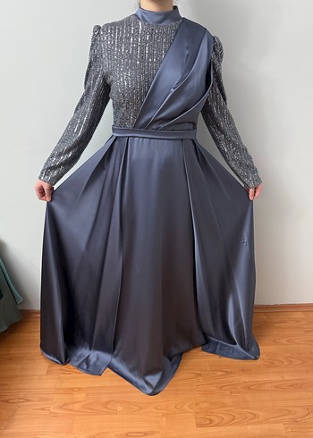 Gri Drapeli Uzun Abiye Elbise - Görsel 2