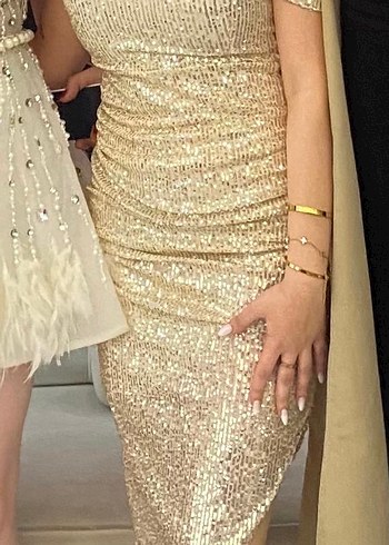 Simli Altın Renkli Uzun Abiye Elbise - Görsel 3