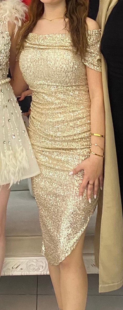 Simli Altın Renkli Uzun Abiye Elbise - Görsel 3