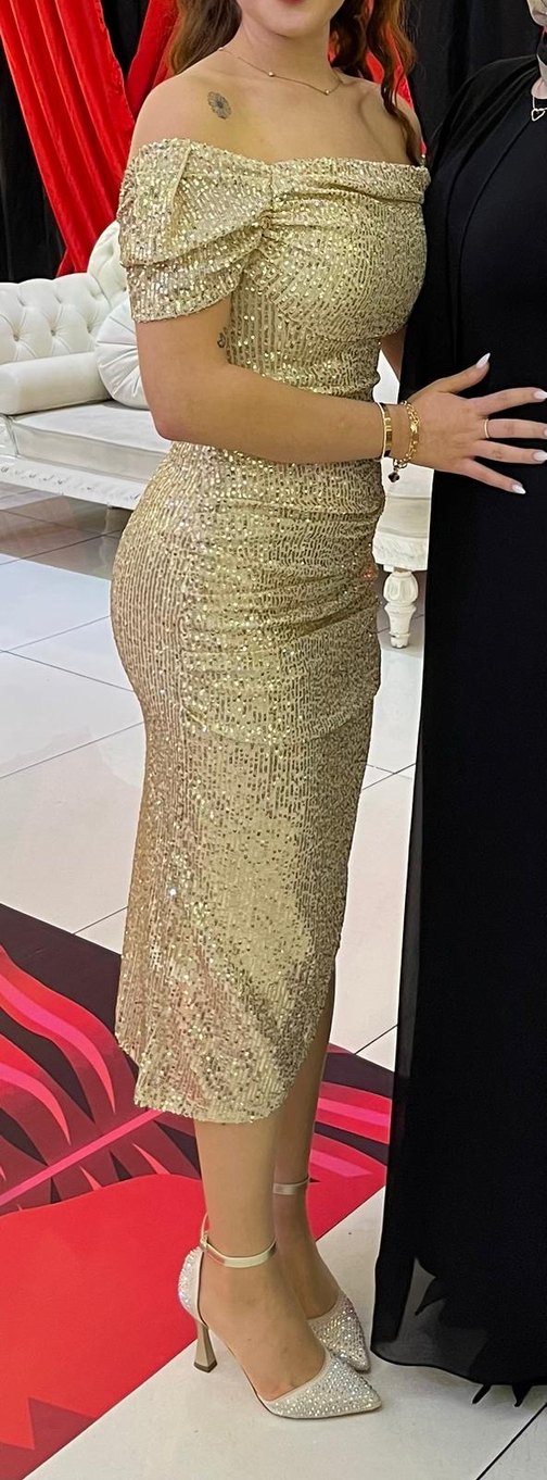 Simli Altın Renkli Uzun Abiye Elbise - Görsel 2