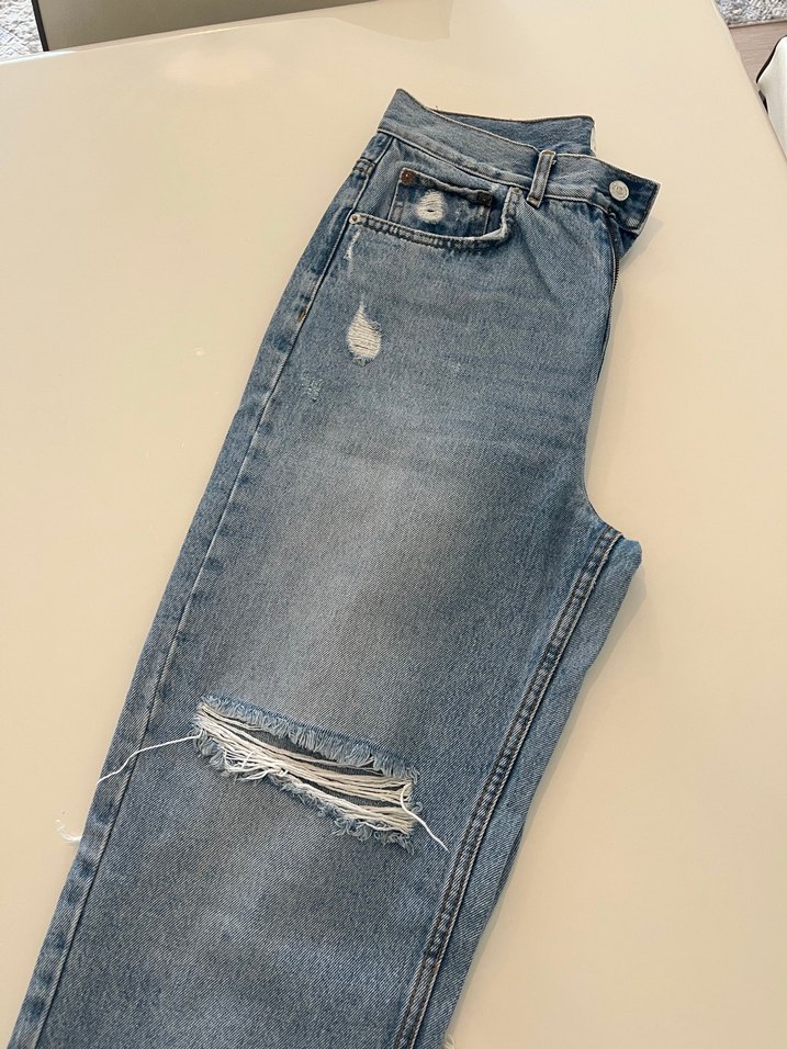 Kadın Gri Mavi Bol Kesim Midi Kot Pantolon - Görsel 5