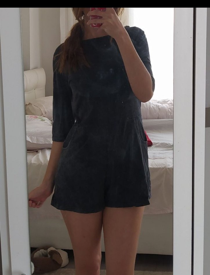 Gri Kısa Kollu Midi Denim Elbise - Görsel 2