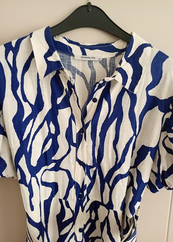 Mavi Zebra Desenli Keten Uzun Kollu Gömlek