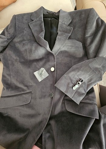 Gri Düğmeli Erkek Ceket, Notch Yaka, Normal Boy
