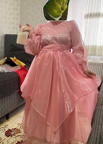 Pembe Uzun Drapeli Kadın Abiye Elbise - Görsel 2