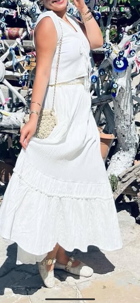 Beyaz Nakışlı Uzun Bohem Kadın bluz takım - Görsel 2