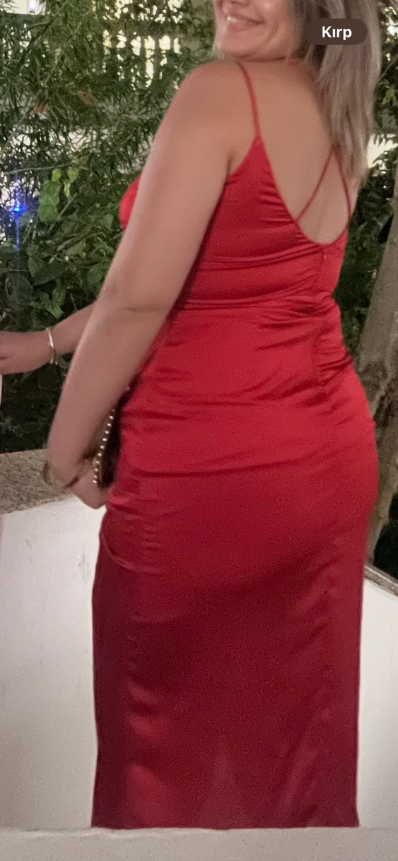 Kadın Drapeli Kırmızı Saten Abiye elbise - Görsel 2