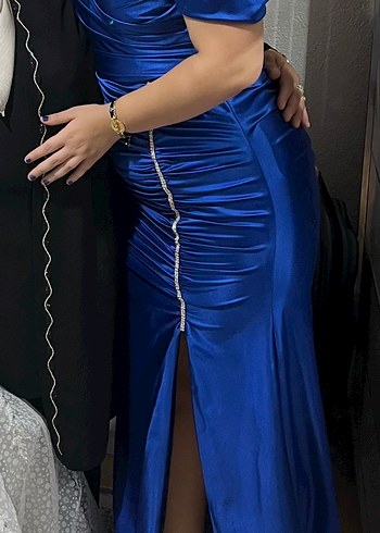 Parlak Mavi Drapeli Uzun Abiye Elbise - Görsel 3