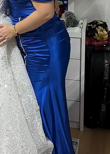 Parlak Mavi Drapeli Uzun Abiye Elbise - Görsel 2