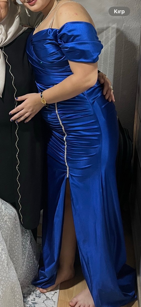 Parlak Mavi Drapeli Uzun Abiye Elbise - Görsel 3