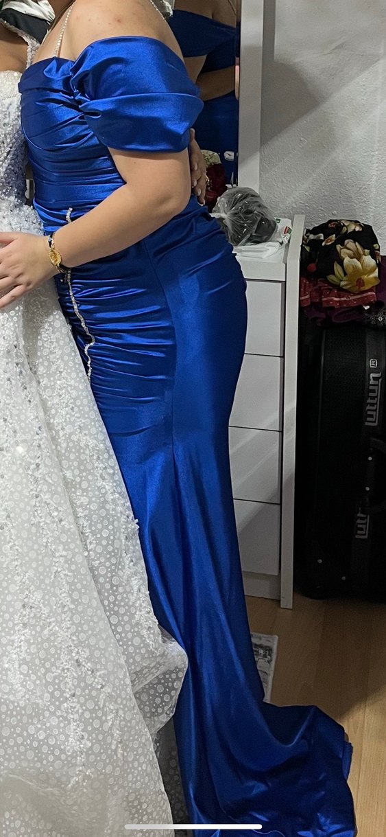 Parlak Mavi Drapeli Uzun Abiye Elbise - Görsel 2