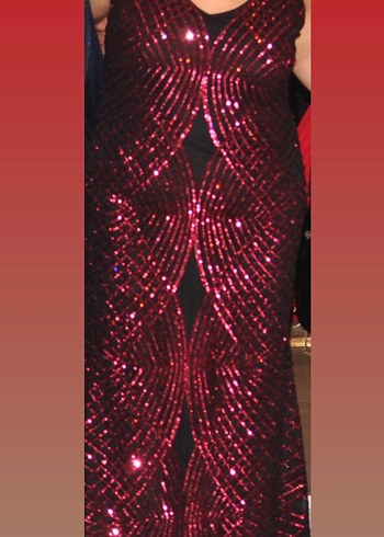 Kırmızı Payetli V Yaka uzun büyük beden abiye Elbise - Görsel 2