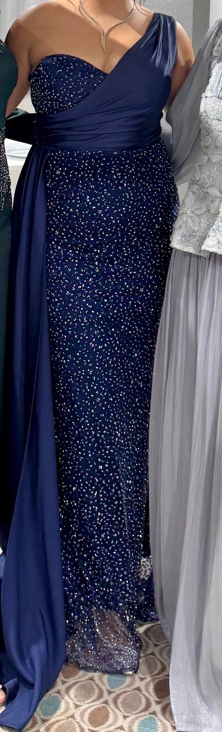 Lacivert taşlı yandan kuyruğu olan  Uzun Abiye Elbise - Görsel 2