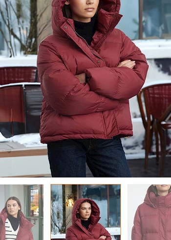 Bordo oversize kapüşonlu kaz tüylü su itici şişme mont - Görsel 3