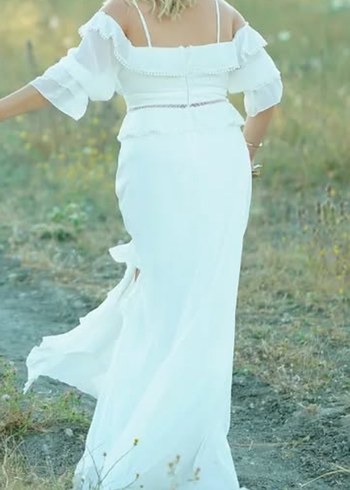 Beyaz uzun yırtmaçlı Bohem Düğün Elbisesi - Görsel 2