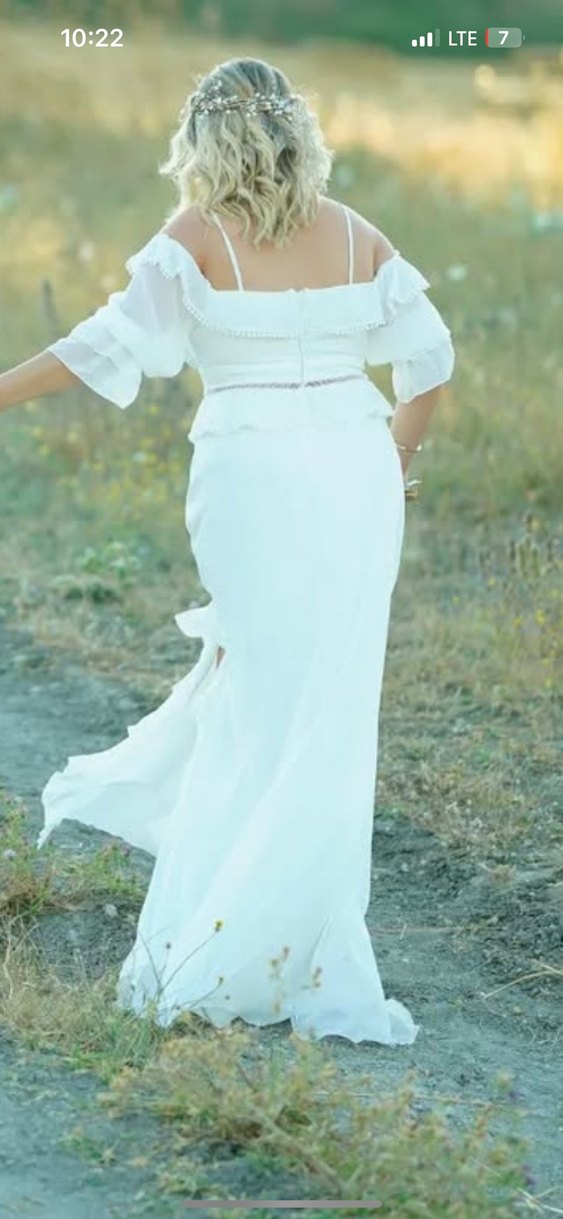 Beyaz uzun yırtmaçlı Bohem Düğün Elbisesi - Görsel 2