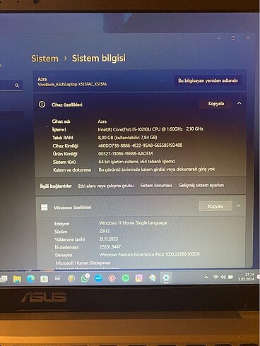 Beden Asus Vivobook 10. Nesil Bilgisayar