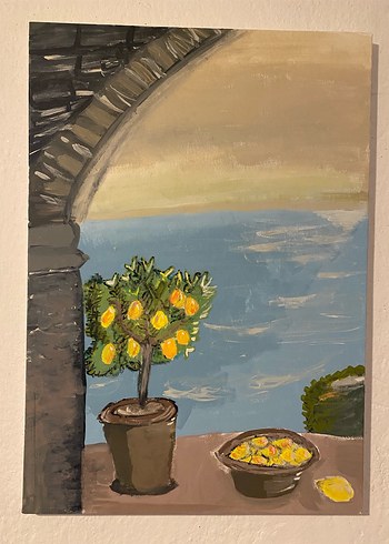 Sarı Limon Ağacı ve Deniz Manzaralı Tablo