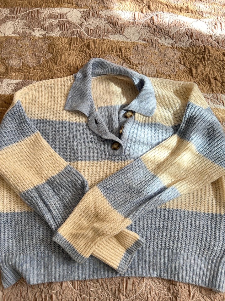 Mavi Beyaz Çizgili Örgü Kadın Kazak - Görsel 2