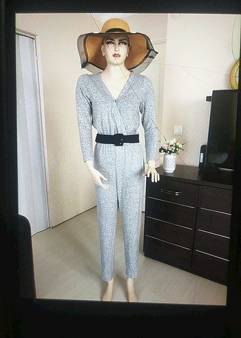 Gri Kadın Uzun Kollu V Yaka Tulum