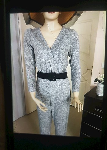 s Beden Gri Kadın Uzun Kollu V Yaka Tulum