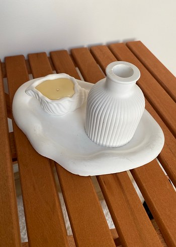 Beyaz Seramik Mumluk ve Dekoratif Tabak - Görsel 2