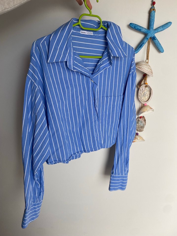 Mavi Çizgili Pamuklu Gömlek bershka - Görsel 2