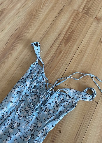 Bershka Mavi V Yakalı Bohem Uzun Elbise